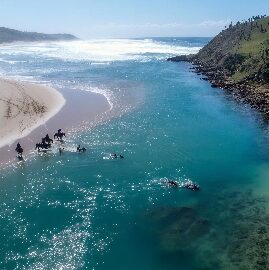 People swimming in a coastal estuary on the South African shoreline.