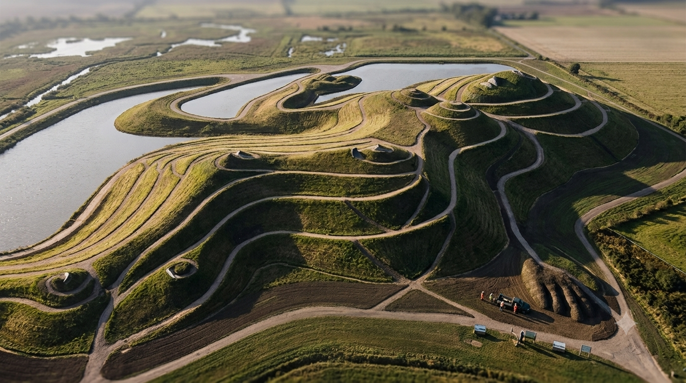 Large-scale open-pit mining operation with heavy machinery and terraced earthworks.