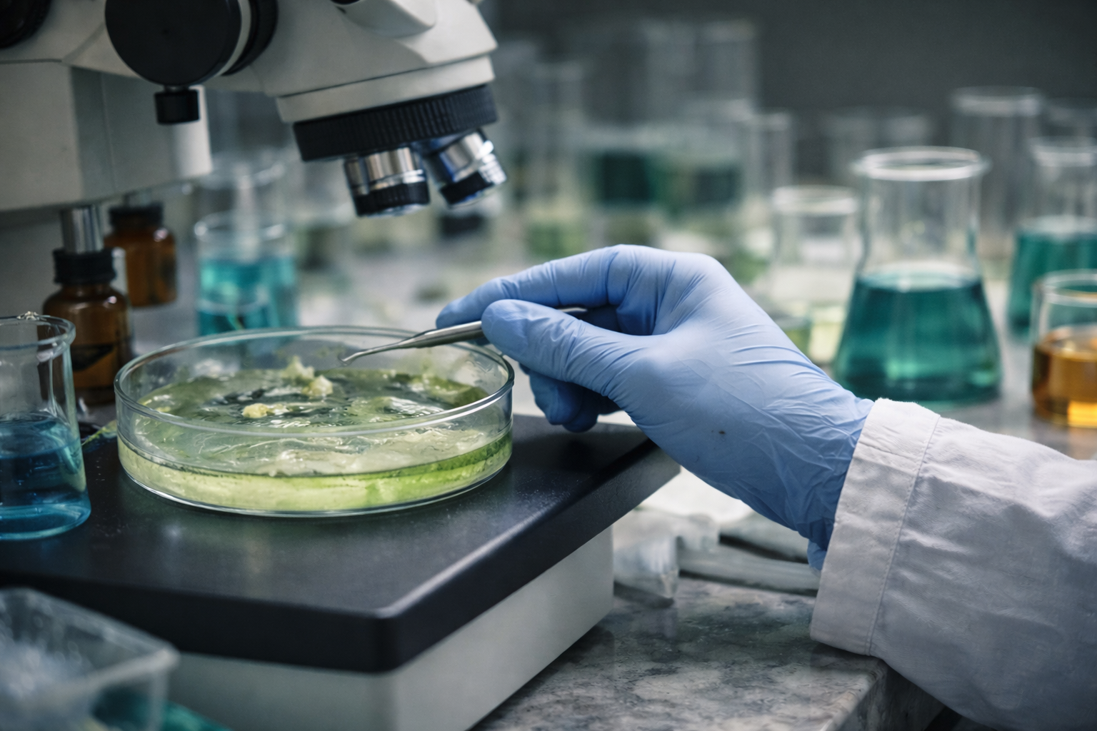 A gloved hand works with a petri dish under a microscope in a research lab.